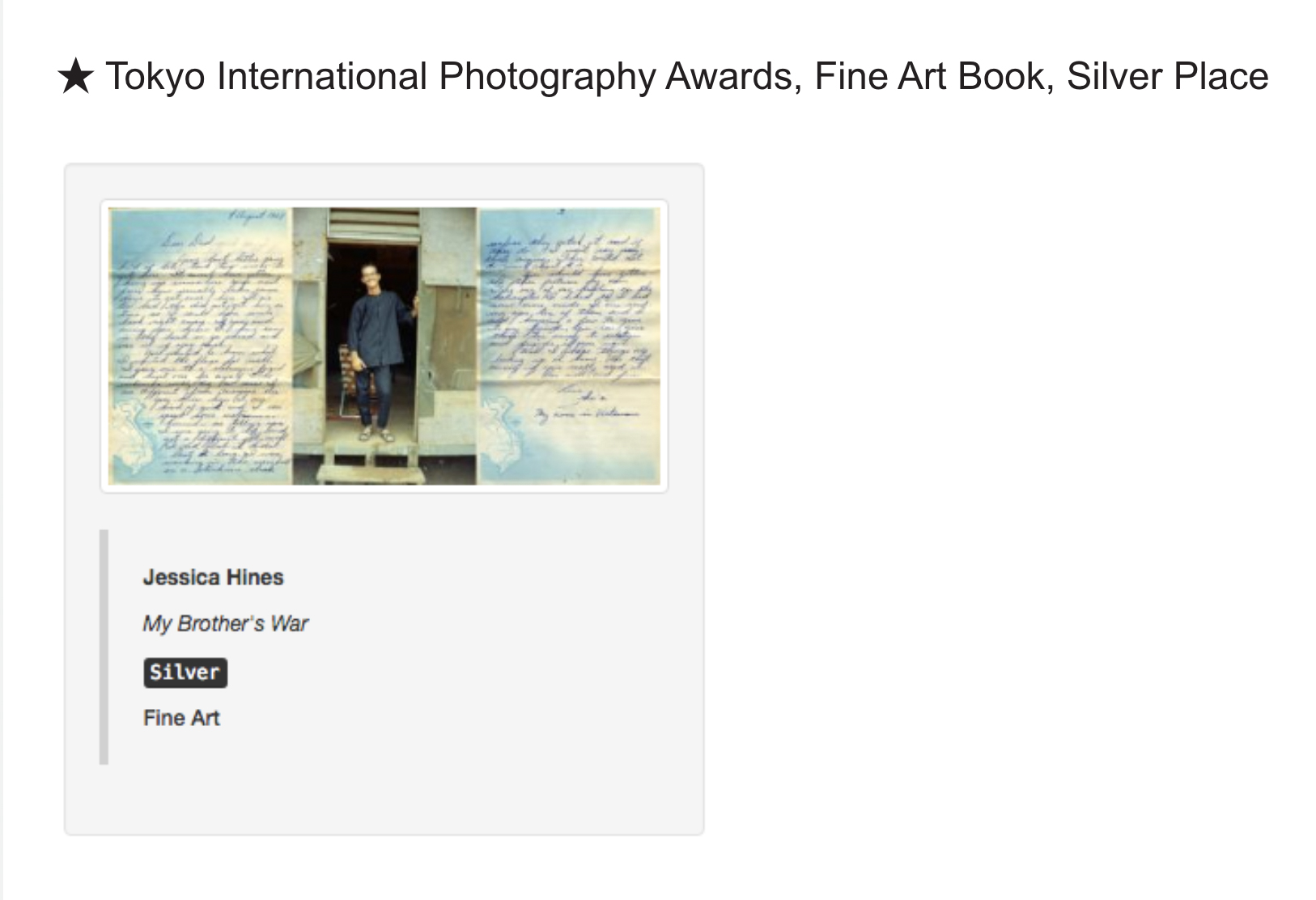 Tokyo International Photography Awards, Fine Art Book, Silver Place